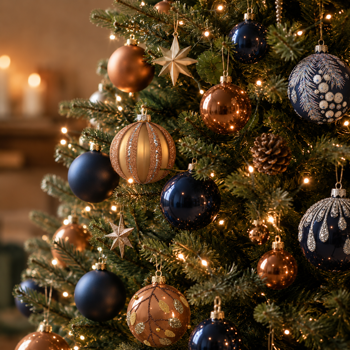 Kerstboom met koperen, karamelkleurige en donkerblauwe kerstballen