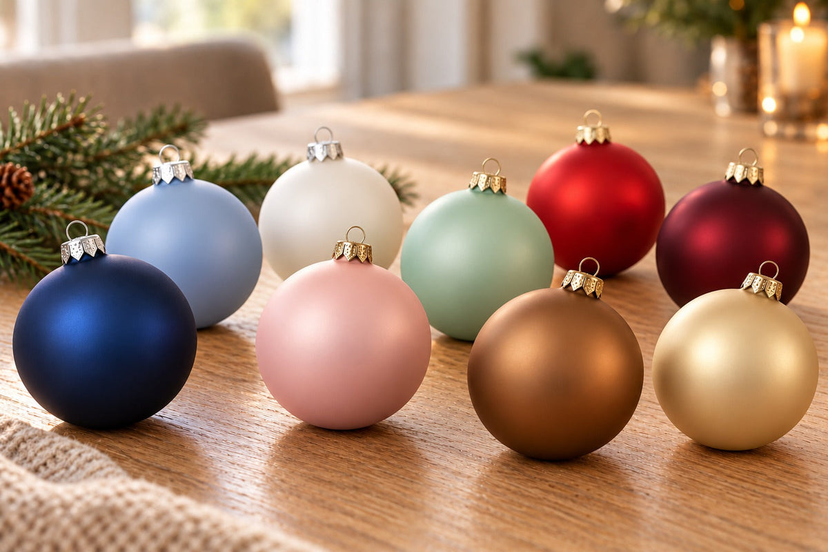 Kerstballen in de kleuren van vijf kerststijlen op een houten tafel