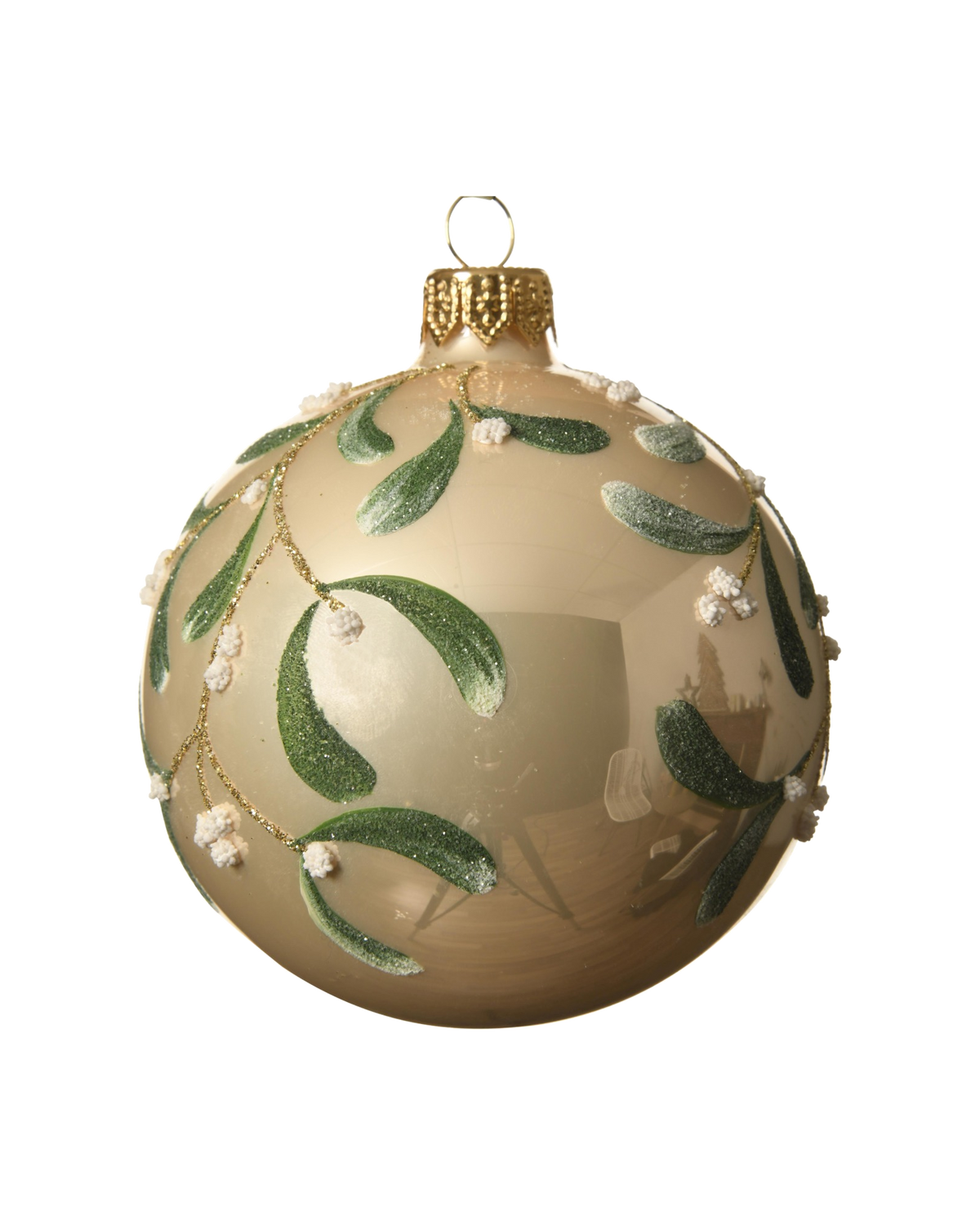 Kerstbal glas 8 cm, maretak met glitter en sneeuw, parel