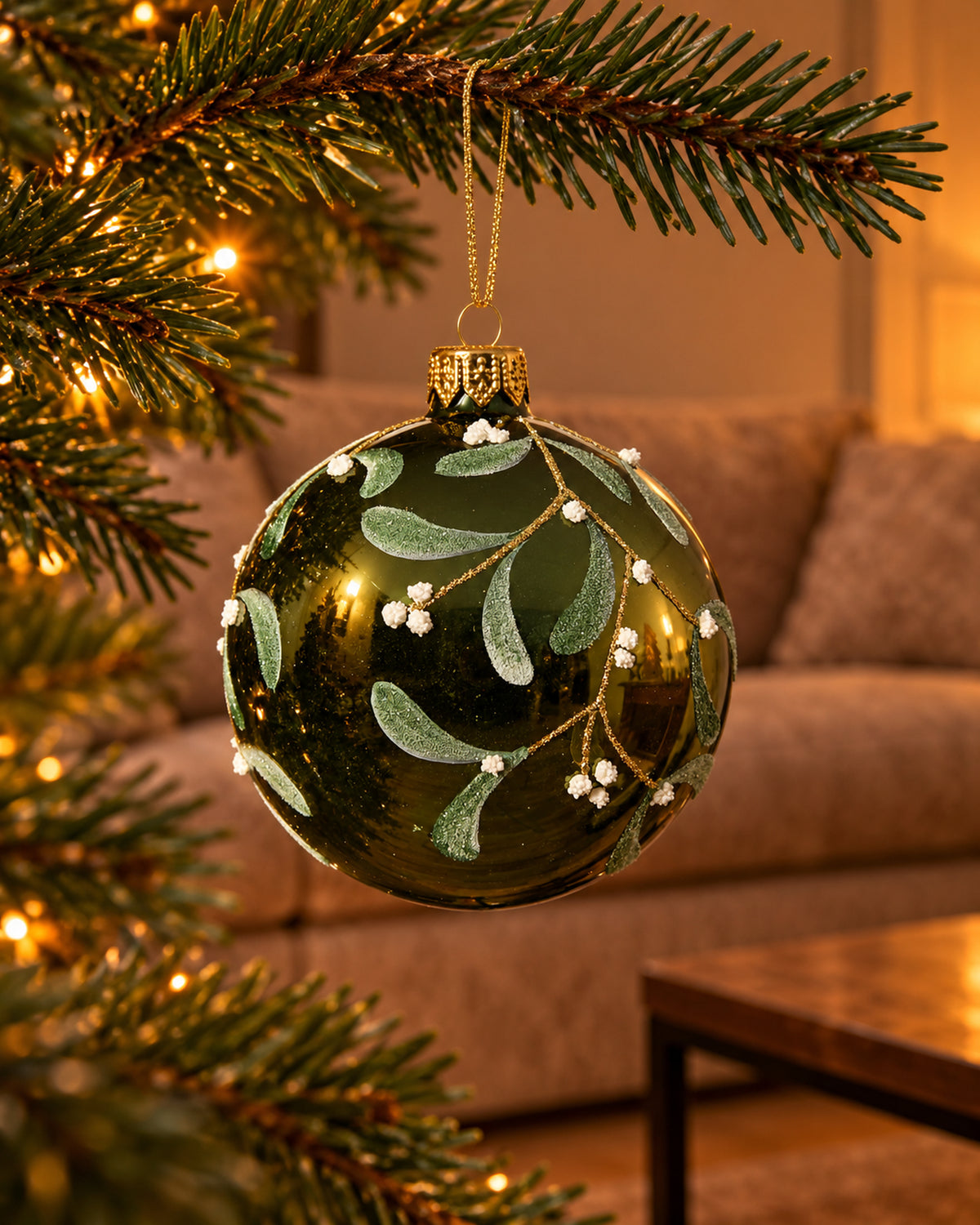 Kerstbal glas 8 cm, maretak met glitter en sneeuw, dennengroen