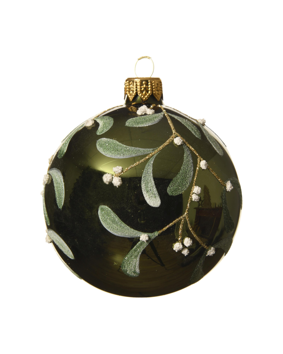 Kerstbal glas 8 cm, maretak met glitter en sneeuw, dennengroen