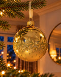 Kerstbal glas 8 cm glans, bladrand, licht goud