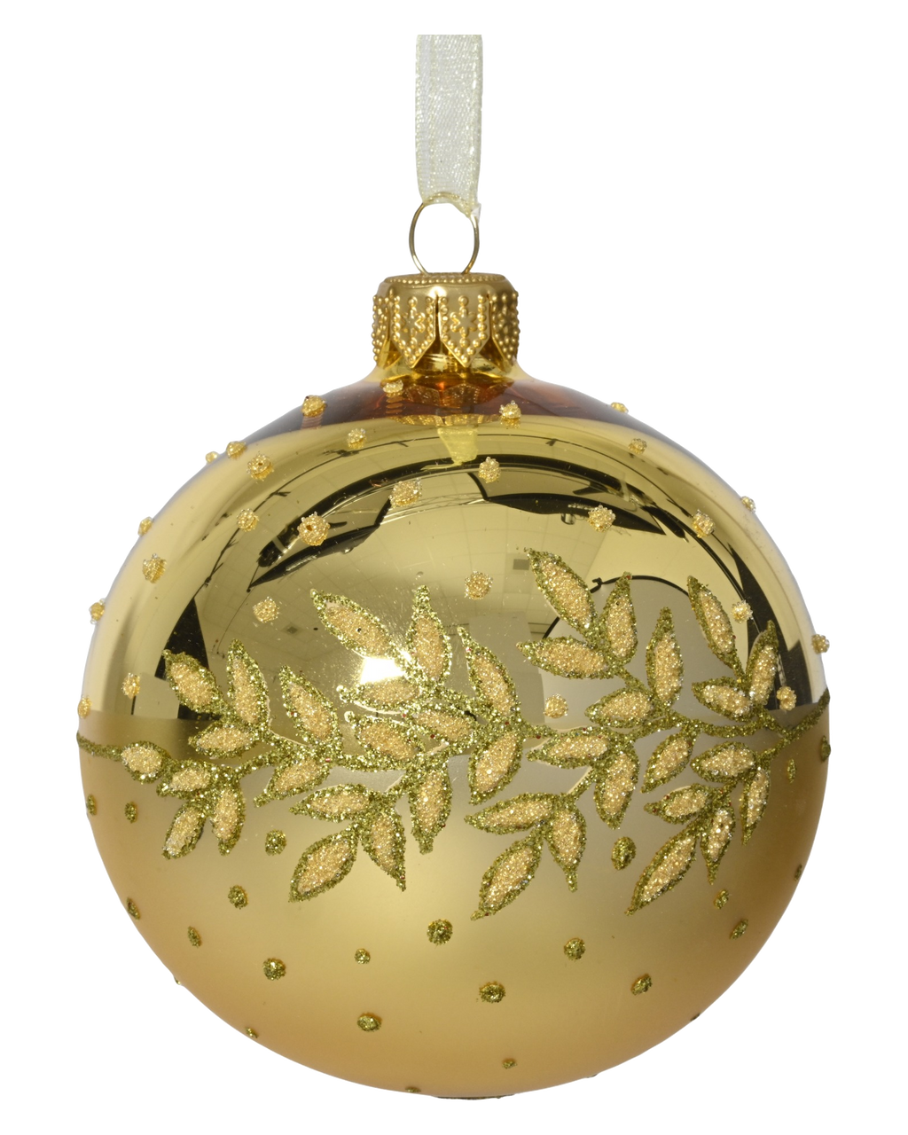 Kerstbal glas 8 cm glans, bladrand, licht goud