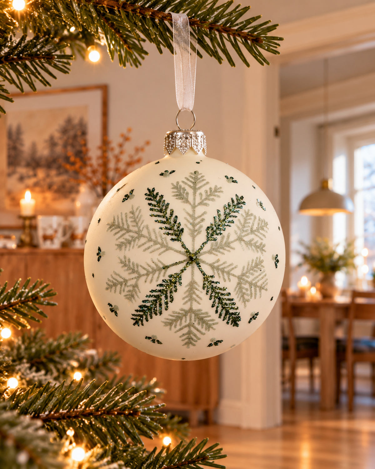 Kerstbal glas 8 cm mat, gekleurde sneeuwvlok, wolwit