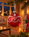 Kerstbal glas 8 cm mat, strikjes en sneeuwvlokken, kerstrood