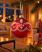 Kerstbal glas 8 cm mat, strikjes en sneeuwvlokken, kerstrood