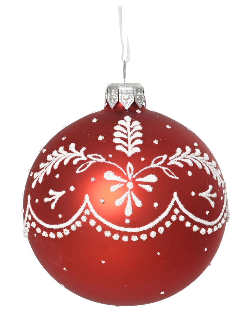 Kerstbal glas 8 cm mat, strikjes en sneeuwvlokken, kerstrood