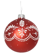 Kerstbal glas 8 cm mat, strikjes en sneeuwvlokken, kerstrood