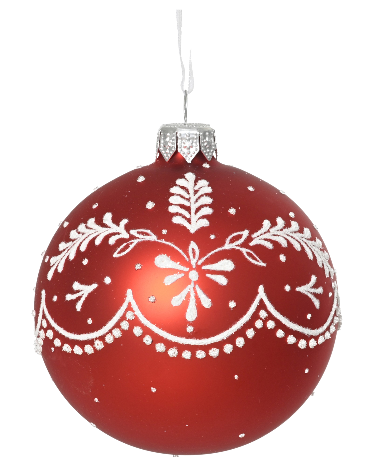 Kerstbal glas 8 cm mat, strikjes en sneeuwvlokken, kerstrood