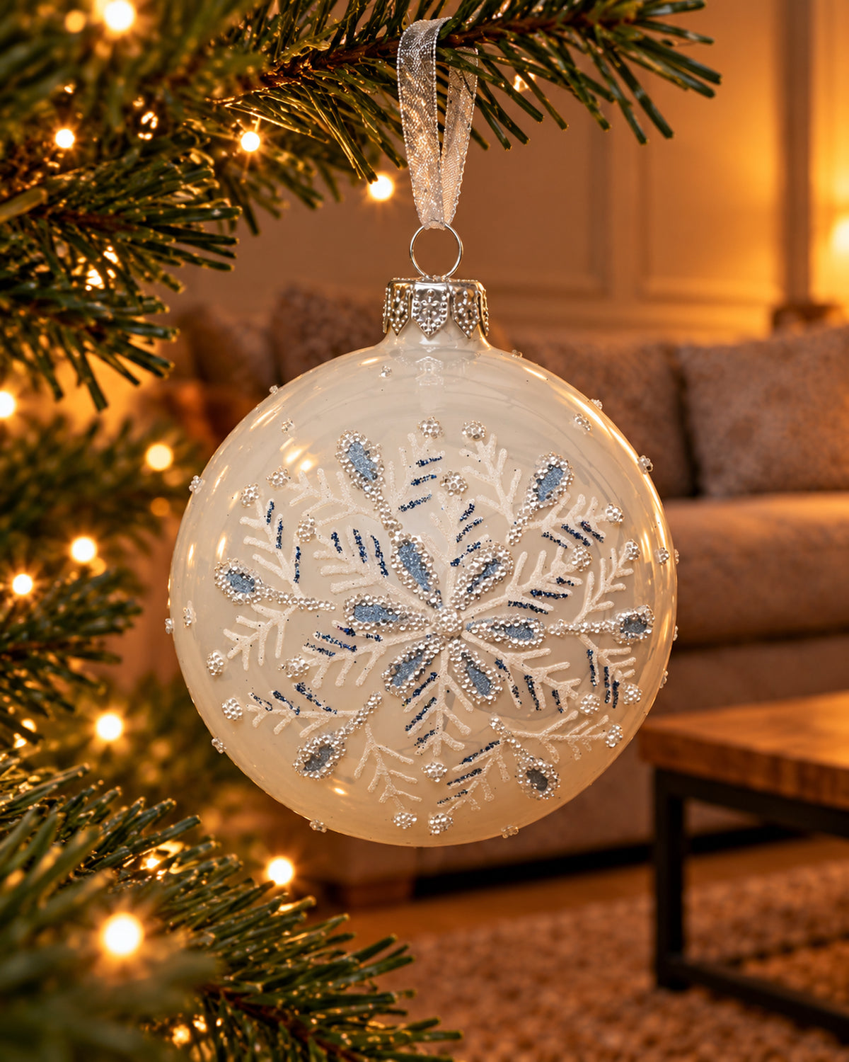 Kerstbal glas 8 cm emaille, sneeuwvlok, winterwit