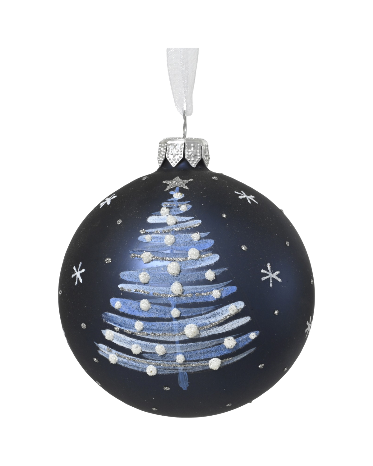 Kerstbal glas 8 cm mat, boom met stippen, nachtblauw