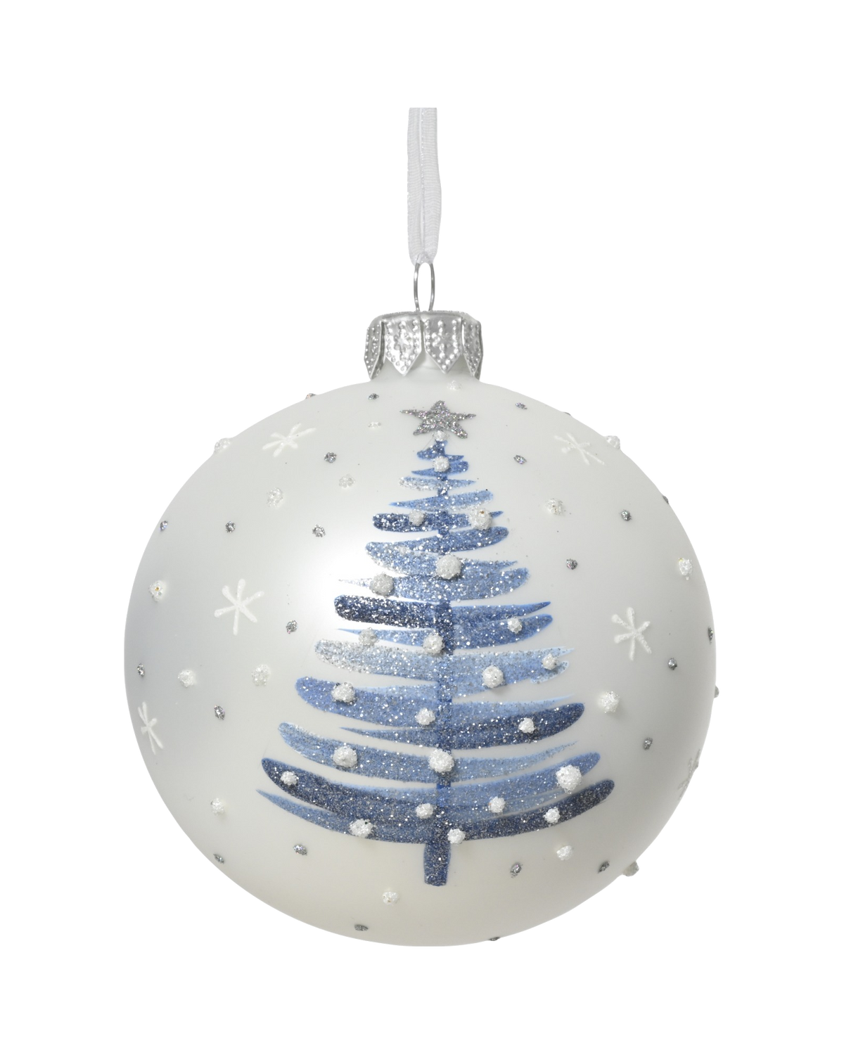 Kerstbal glas 8 cm mat, boom met stippen, winterwit