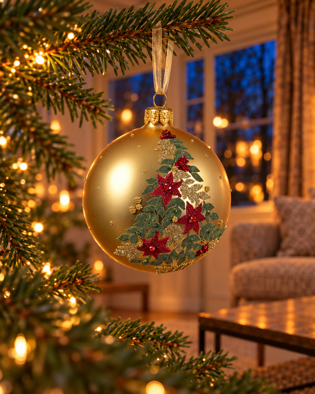 Kerstbal glas 8 cm mat, kerstboom, licht goud