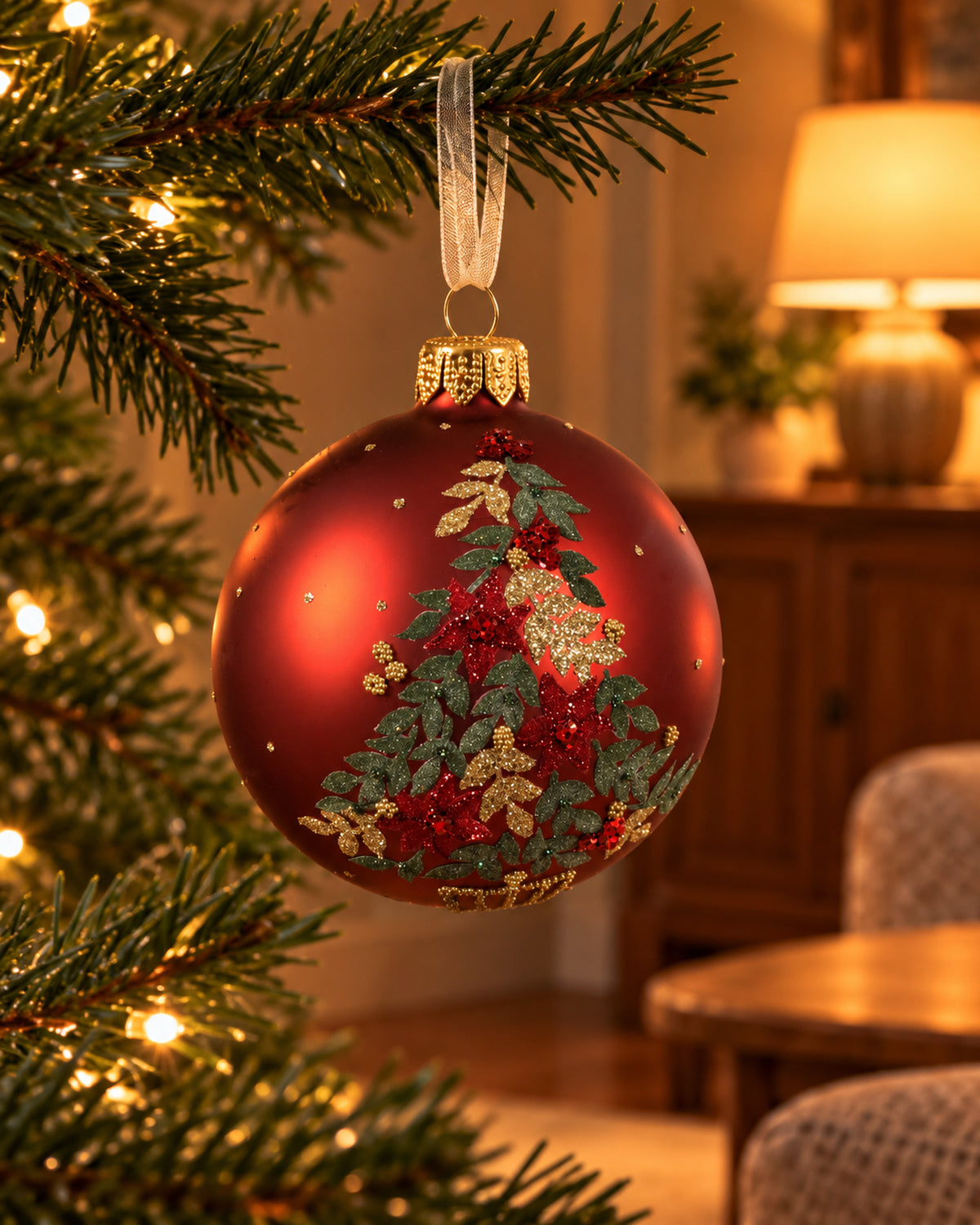Kerstbal glas 8 cm mat, kerstboom, kerstrood