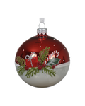 Kerstbal glas 8 cm emaille, tak met cadeautje, kerstrood en winterwit