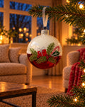 Kerstbal glas 8 cm emaille, tak met cadeautje, winterwit en kerstrood