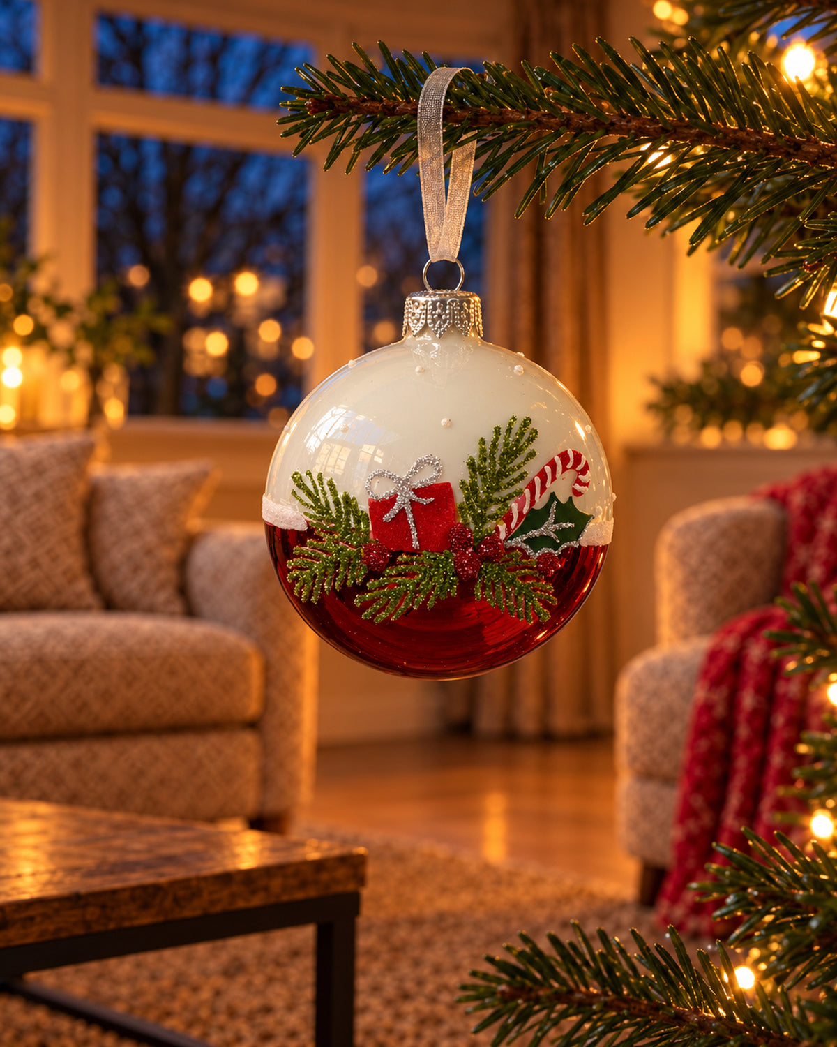 Kerstbal glas 8 cm emaille, tak met cadeautje, winterwit en kerstrood