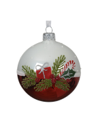 Kerstbal glas 8 cm emaille, tak met cadeautje, winterwit en kerstrood