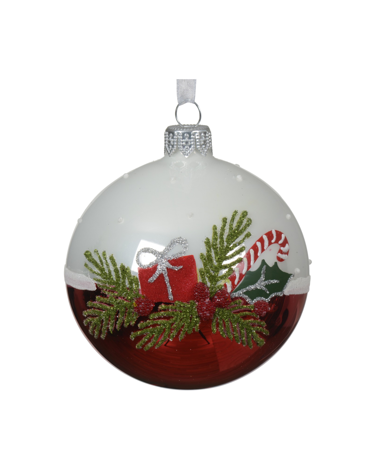 Kerstbal glas 8 cm emaille, tak met cadeautje, winterwit en kerstrood