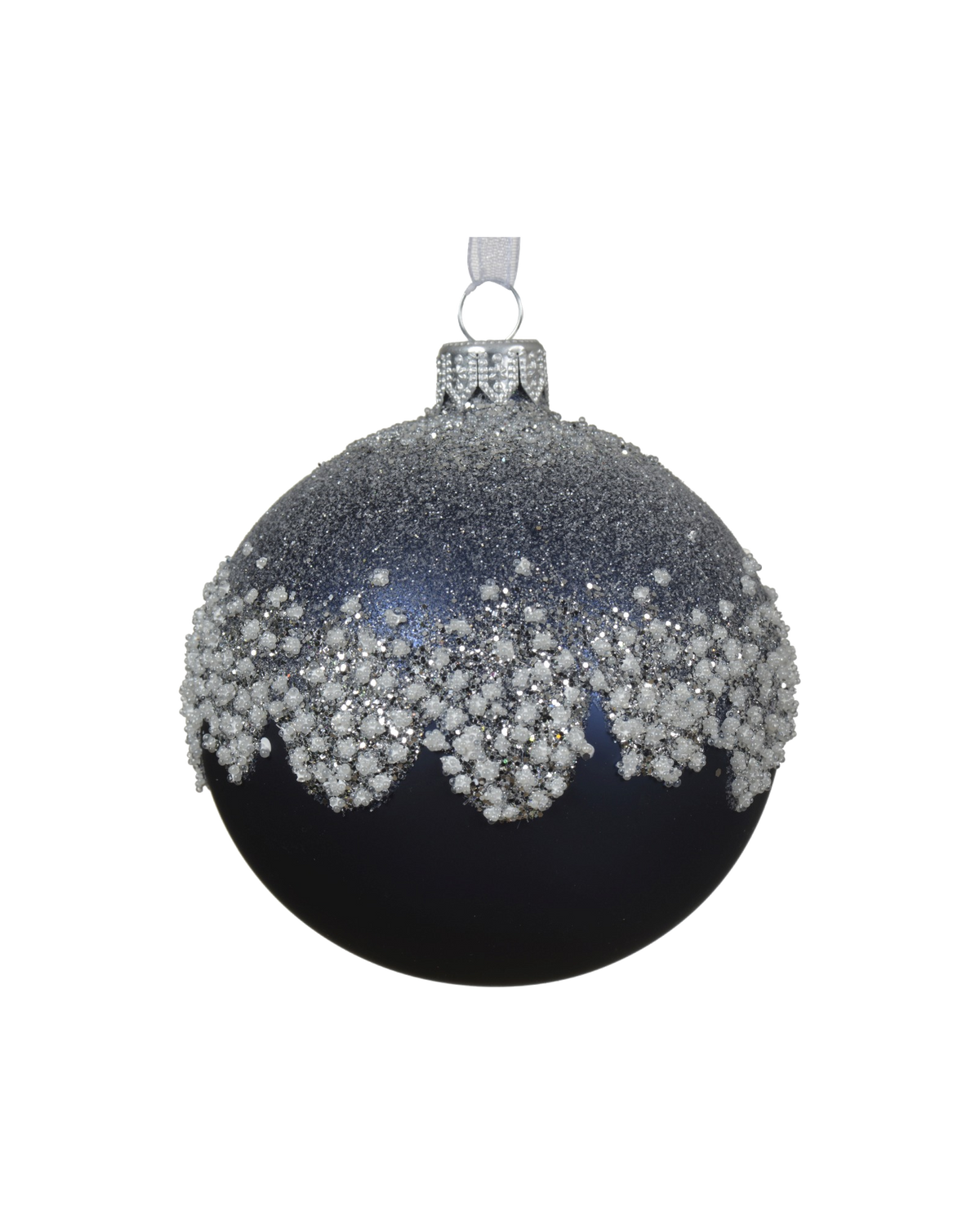 Kerstbal glas 8 cm emaille-mat, top met sneeuw, nachtblauw