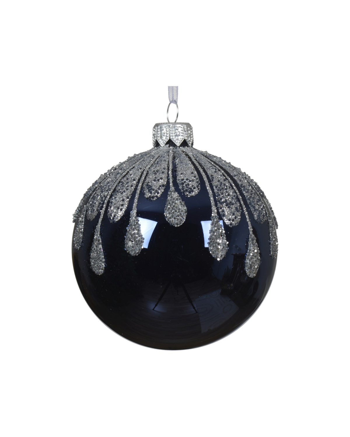 Kerstbal glas 8 cm emaille-mat, top met glitterdruppels, nachtblauw