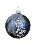 Kerstbal glas 8 cm mat, blad met bessen en sneeuw, nachtblauw