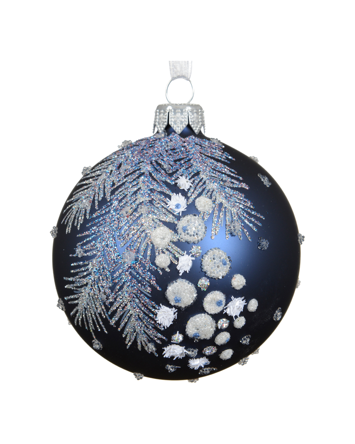 Kerstbal glas 8 cm mat, blad met bessen en sneeuw, nachtblauw