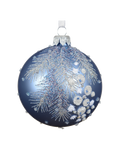 Kerstbal glas 8 cm mat, blad met bessen en glitterdruppels, nachtblauw
