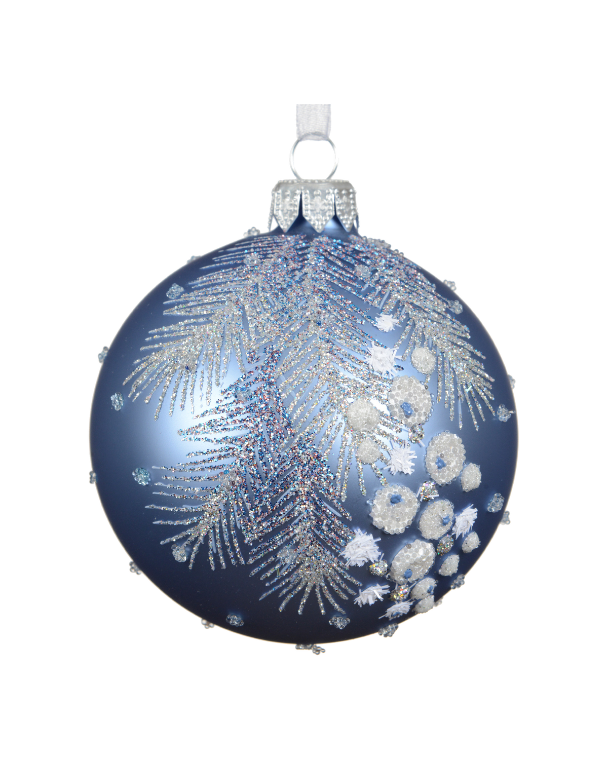 Kerstbal glas 8 cm mat, blad met bessen en glitterdruppels, nachtblauw
