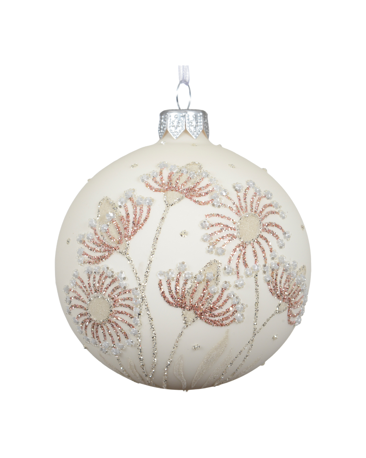 Kerstbal glas 8 cm mat, bloem, wolwit