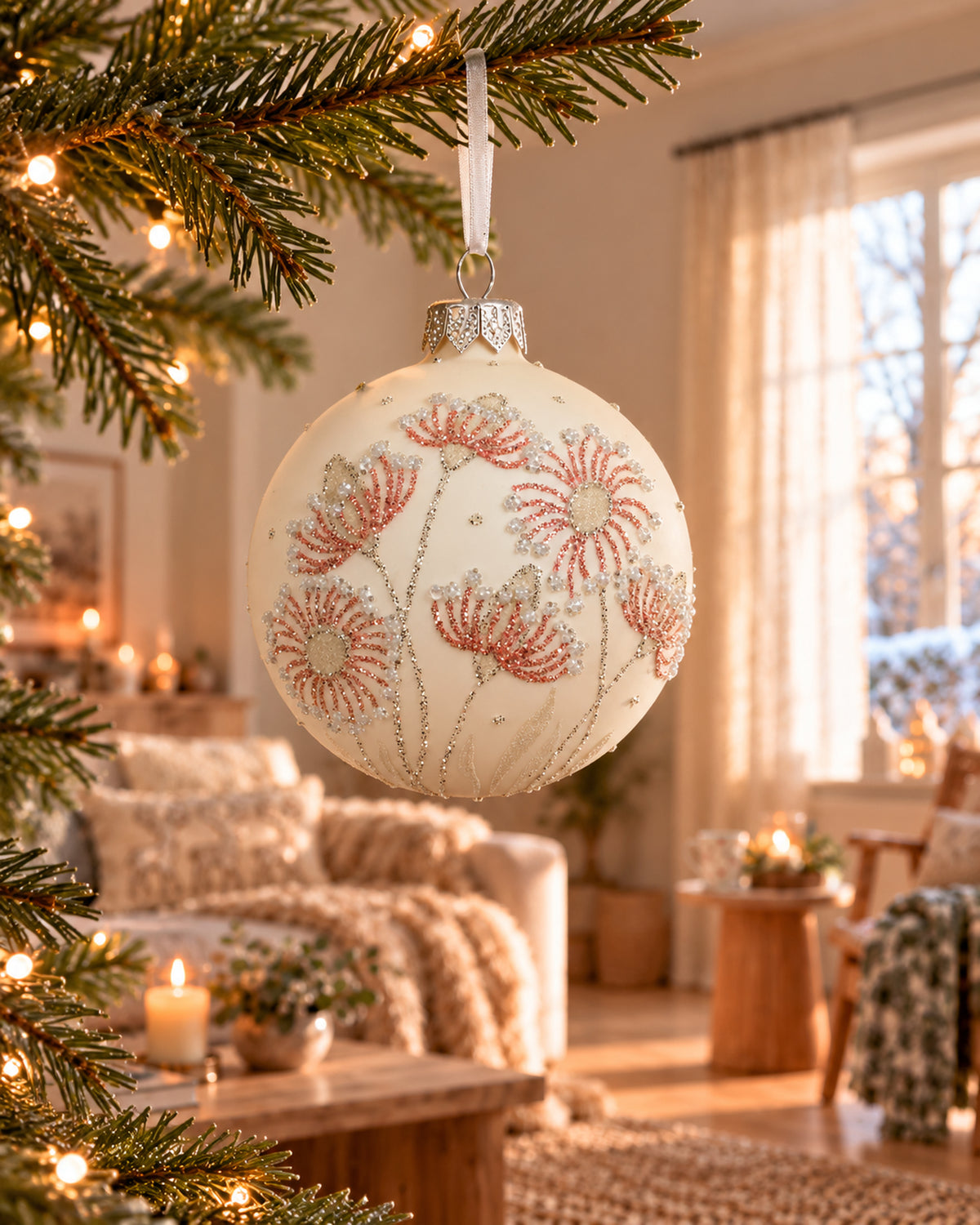 Kerstbal glas 8 cm mat, boom, wolwit