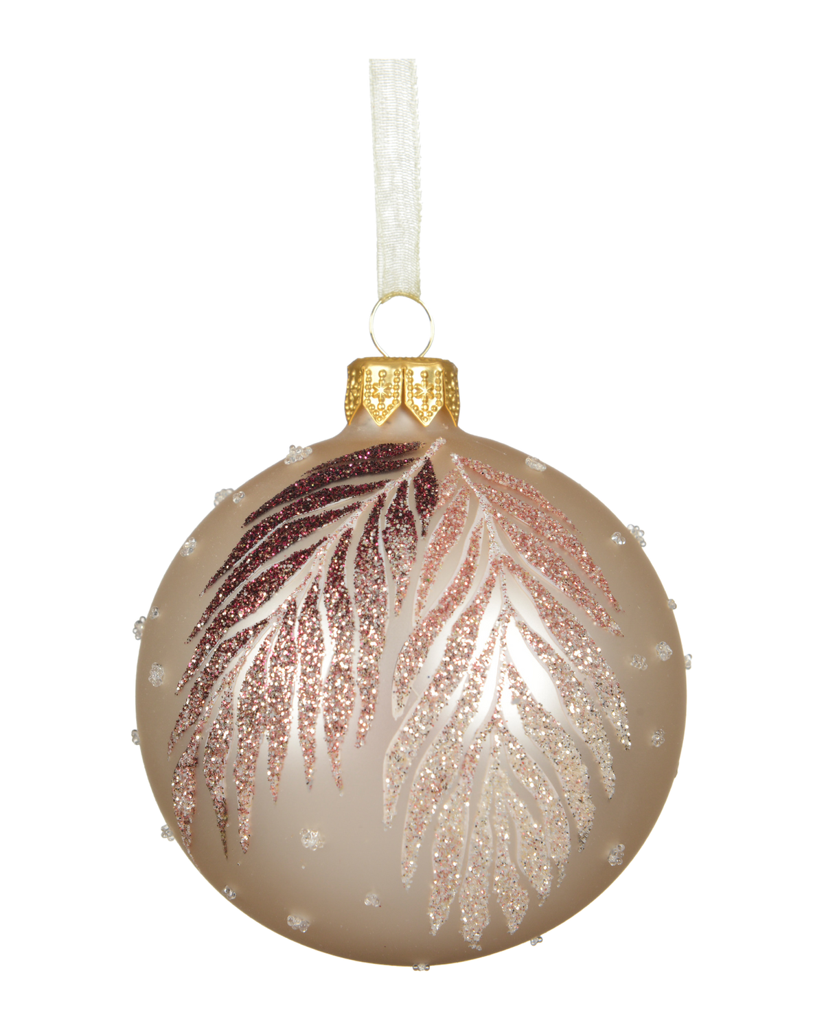 Kerstbal glas 8 cm mat, varenblad, parel