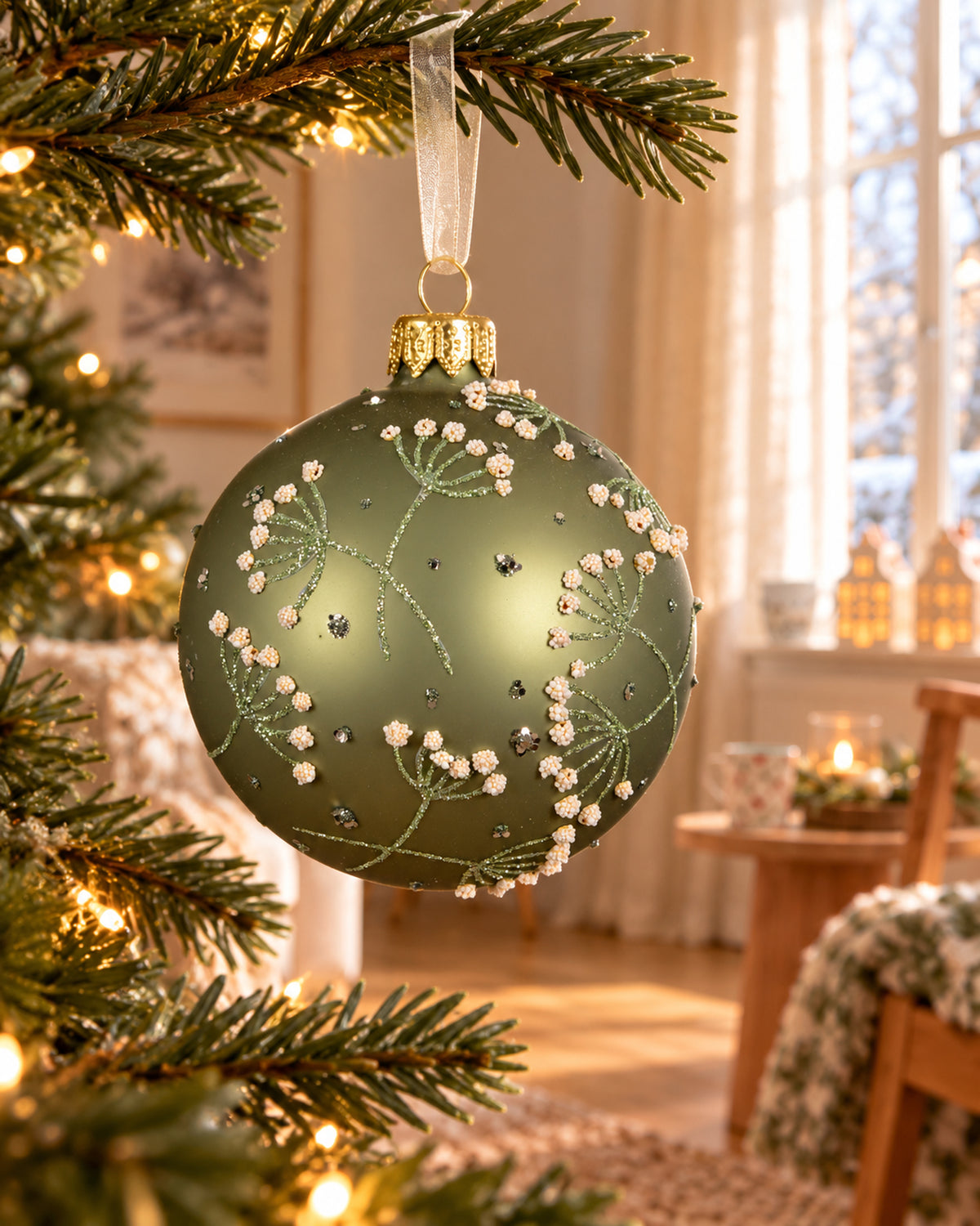 Kerstbal glas 8 cm mat, schermbloem, rosemarijn