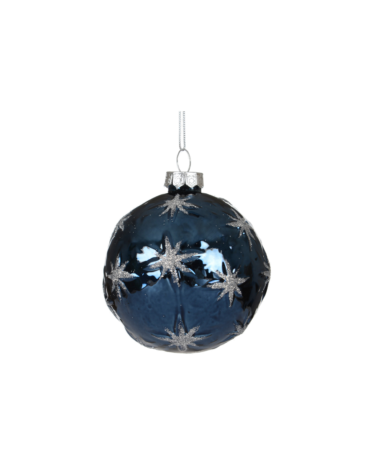 Kerstbal glas 8 cm gedecoreerd, glitterster, nachtblauw