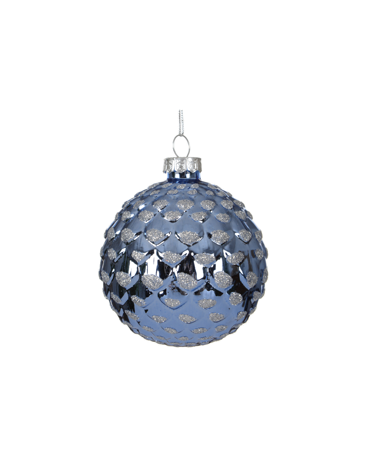 Kerstbal glas 8 cm gedecoreerd, dennenappel met glitter, ochtendblauw
