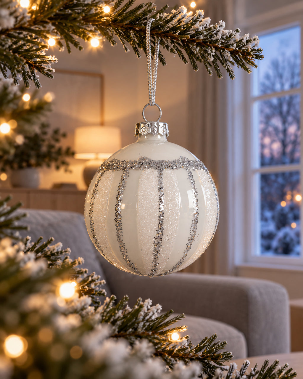 Kerstbal glas 8 cm gedecoreerd, glitter, winterwit