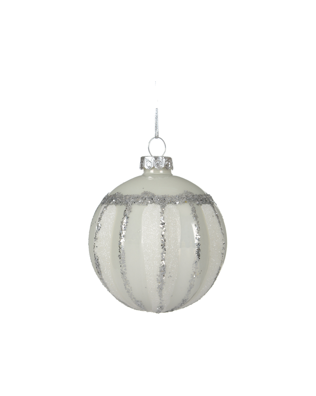 Kerstbal glas 8 cm gedecoreerd, glitter, winterwit