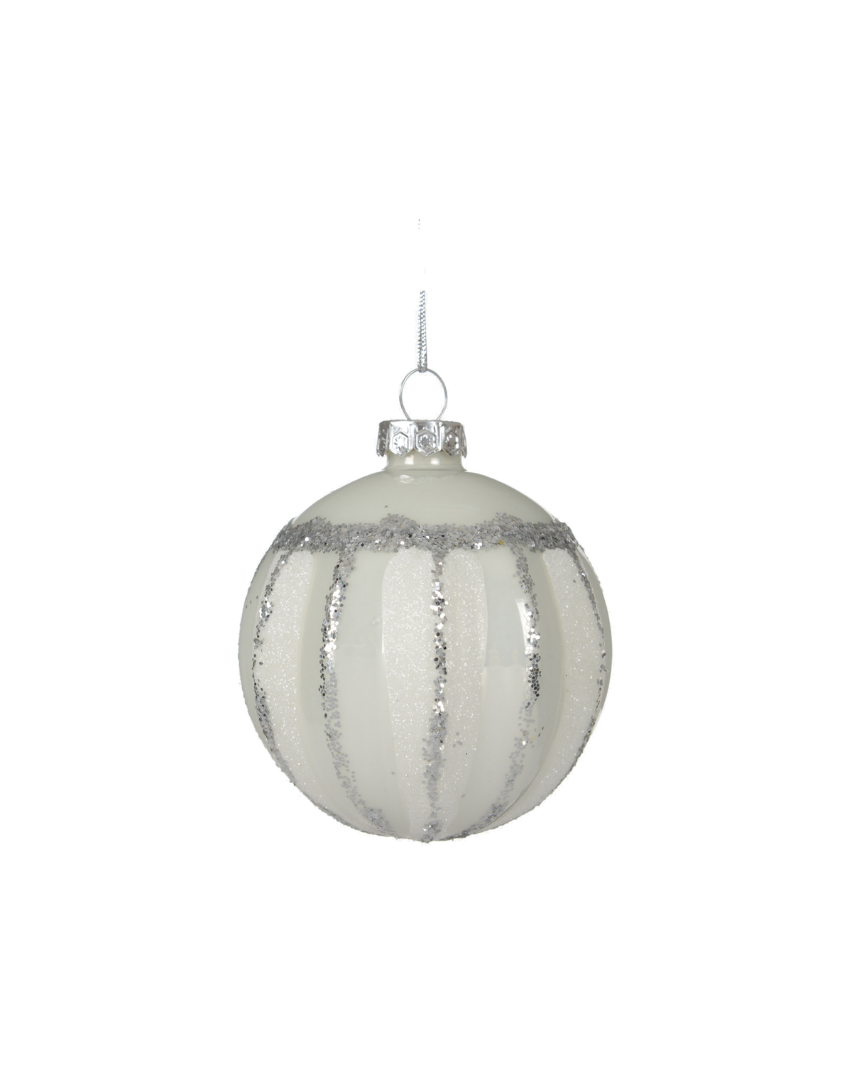Kerstbal glas 8 cm gedecoreerd, glitter, winterwit