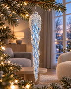 Ornament glas transparant met pailletten, ochtendblauw
