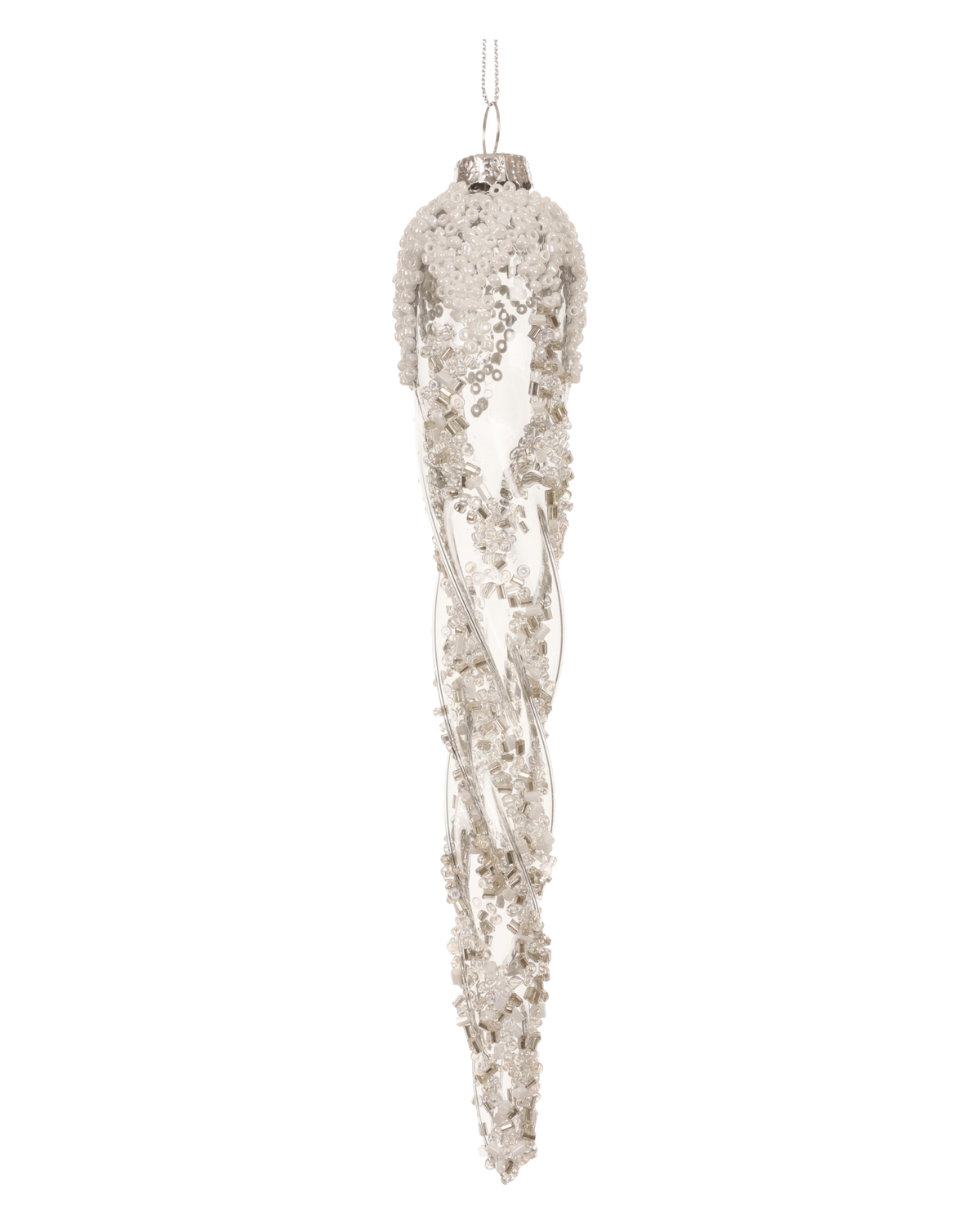 Ornament glas transparant met pailletten, winterwit