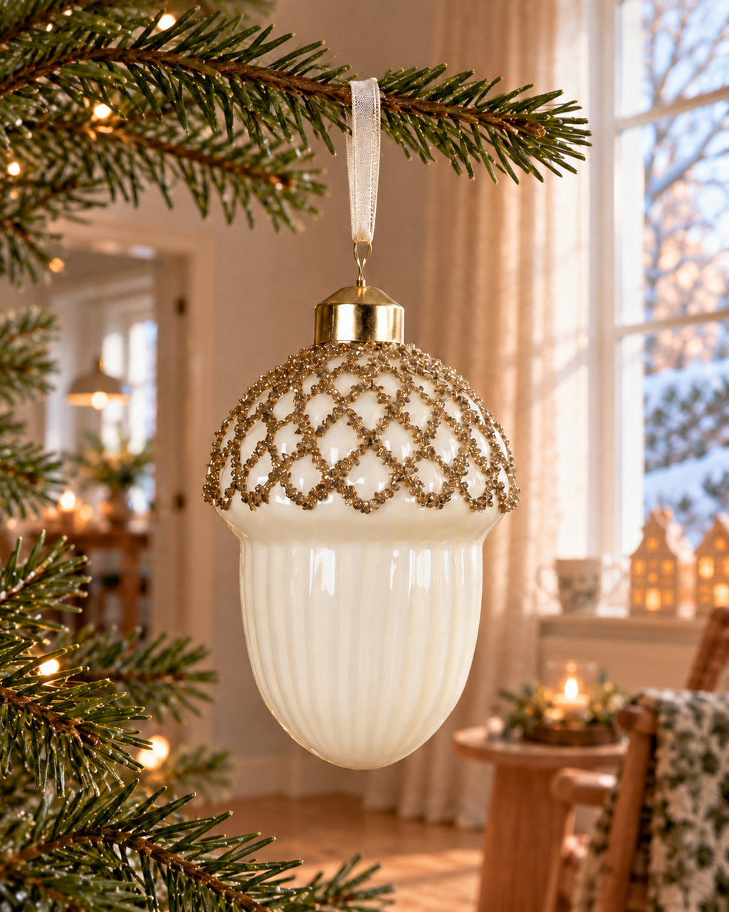 Eikel glas met goudglitter, wolwit
