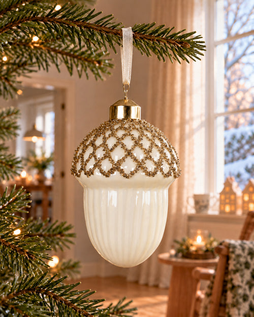 Eikel glas met goudglitter, wolwit