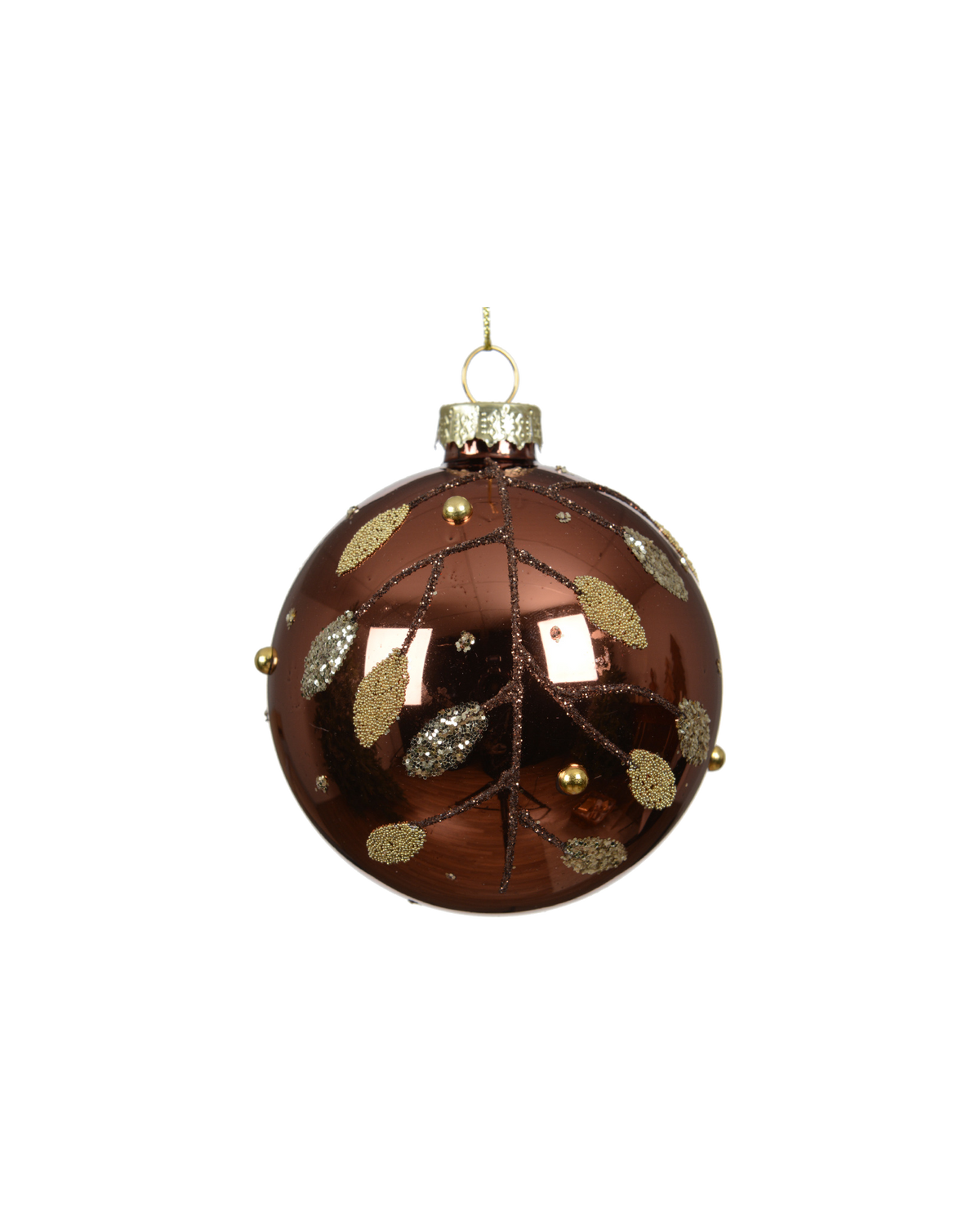 Kerstbal glas 8 cm glans met kralentakjes, espresso
