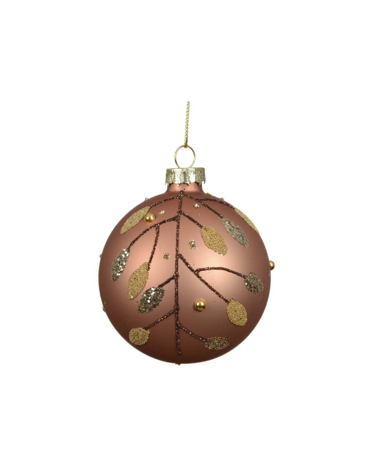 Kerstbal glas 8 cm mat met kralentakjes, karamel bruin