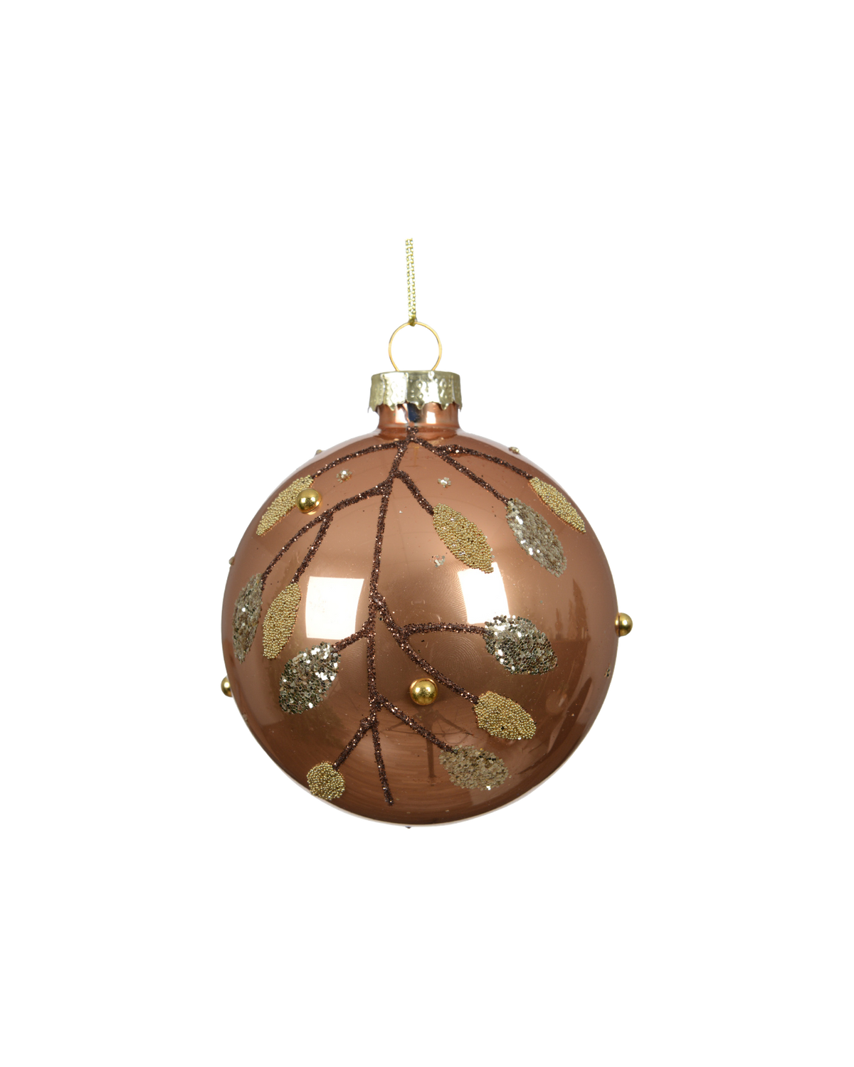Kerstbal glas 8 cm glans met kralentakjes, karamel bruin