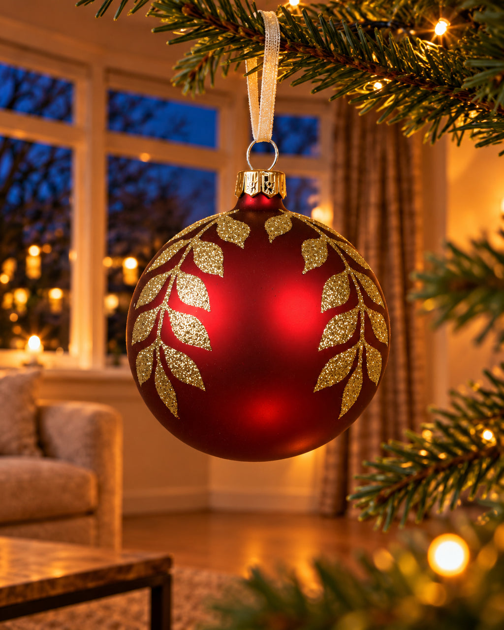 Kerstbal glas 8 cm mat, bladtak, kerstrood