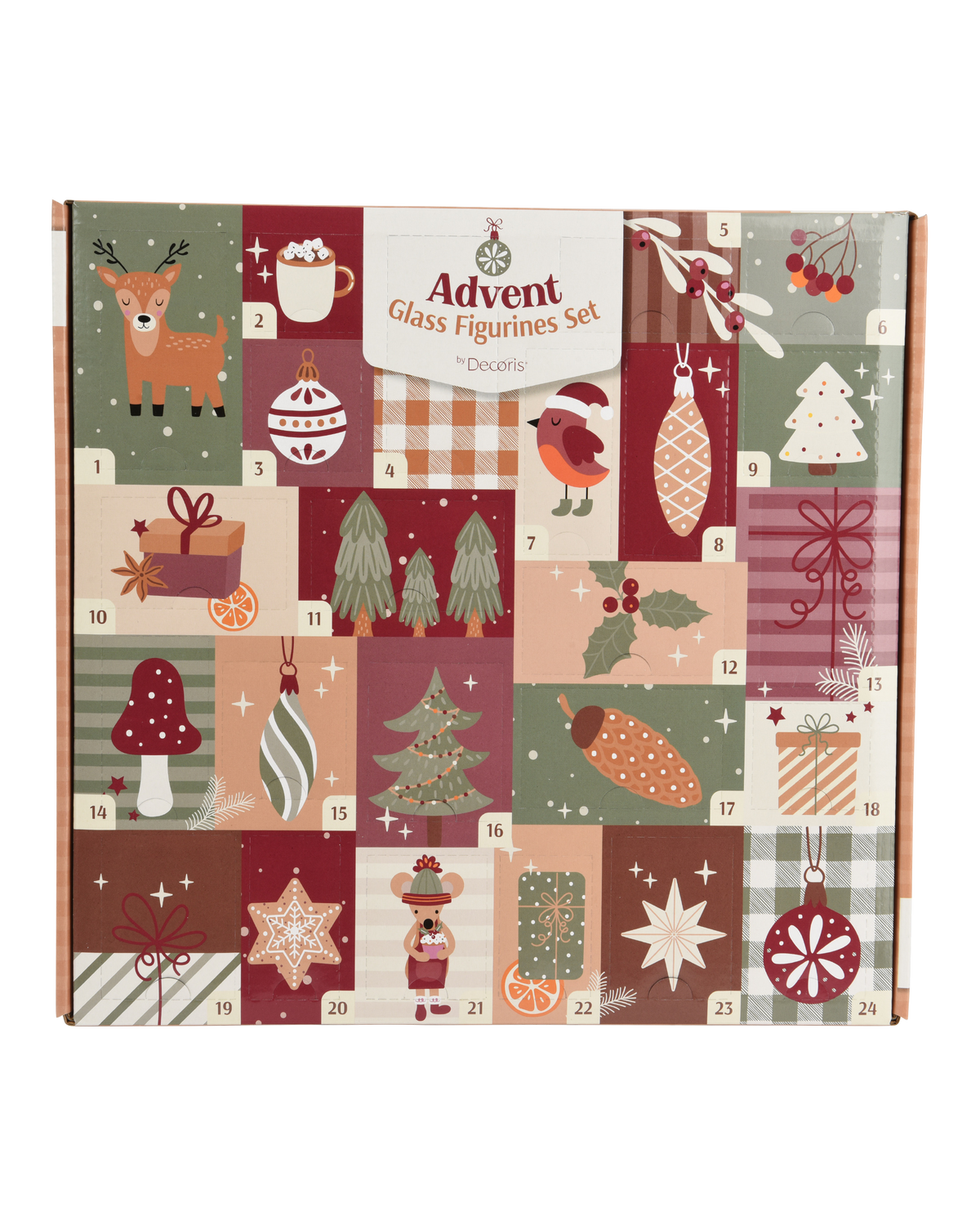 Adventskalender met 24 glazen figuurtjes, rood