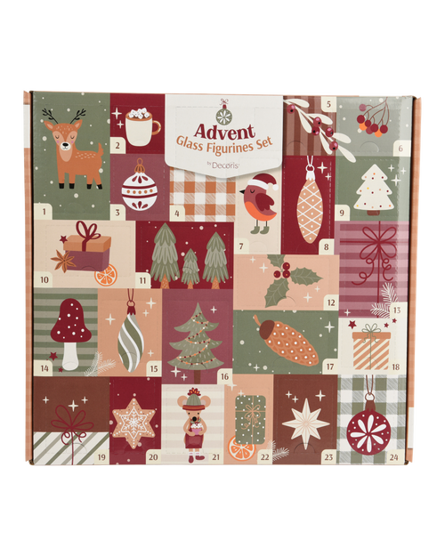 Adventskalender met 24 glazen figuurtjes, rood