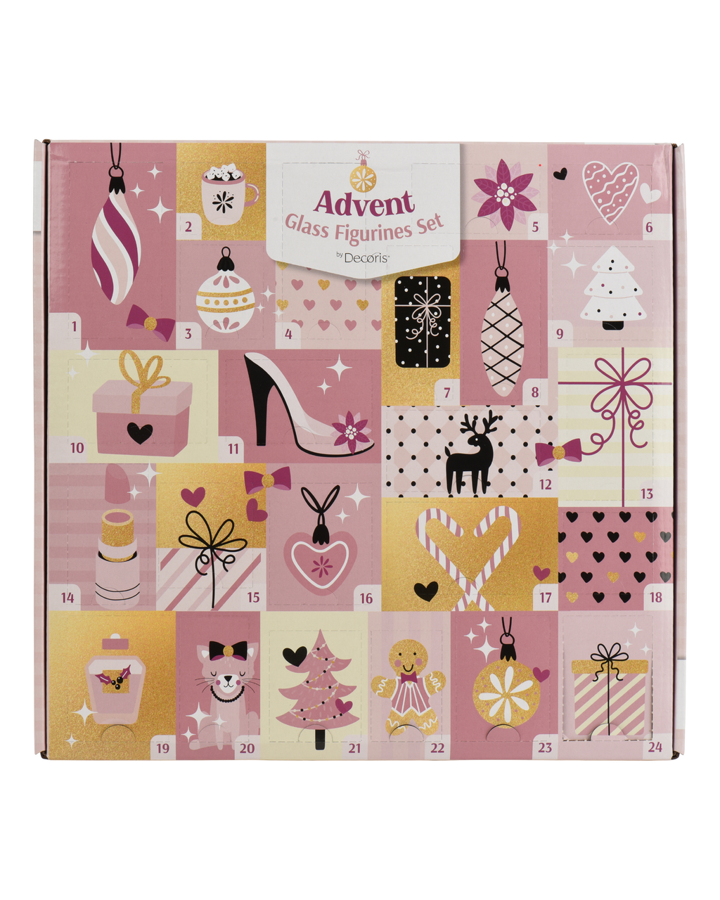 Adventskalender met 24 glazen figuurtjes, roze