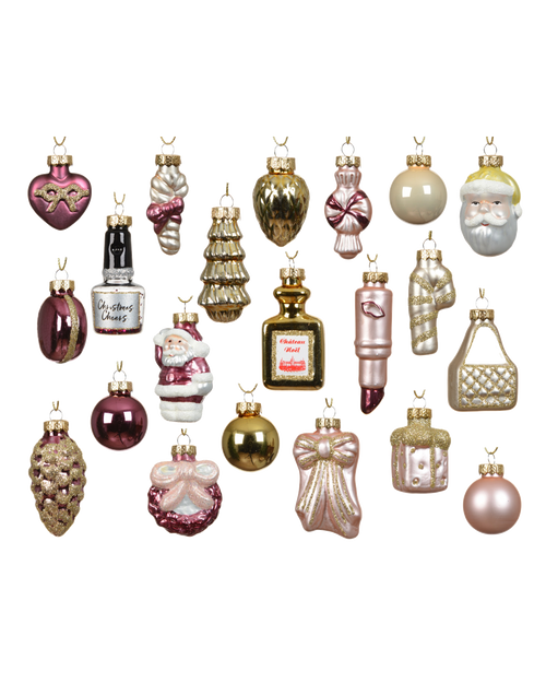 Adventskalender met 24 glazen figuurtjes, roze